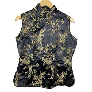 Vintage Authentic Chinese Asian Sleeveless Black/Gold Silk Floral Satin Top XL